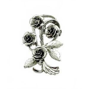Vintage Coro Silver Tone Rose Bouquet Brooch Signed Floral Pin